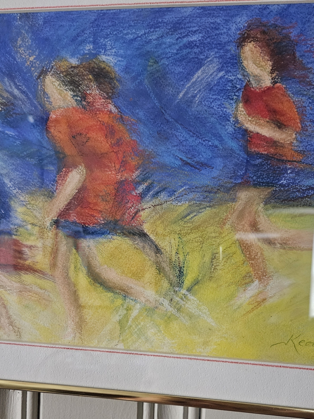 Original Pastel Artwork Print in Blue and Red – Framed Home Art Children Running - Picture 2 of 5